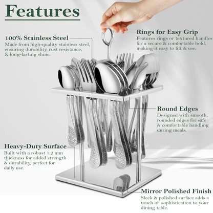 25-Piece Premium Stainless Steel Cutlery Set | Includes Spoons & Forks, Stand for Dining Table, Home & Gifting - Sapphire Imperial