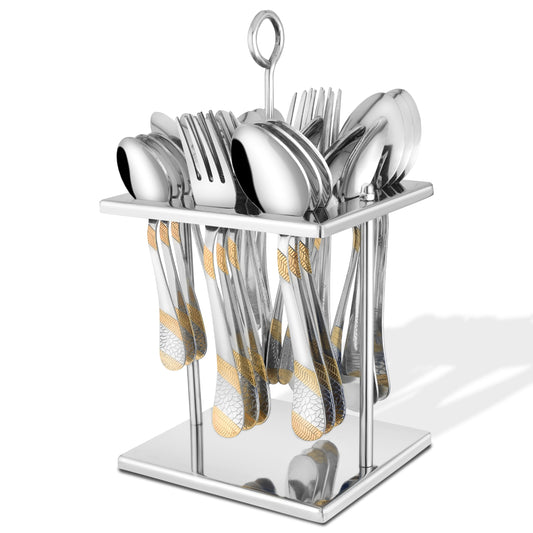 24 Karat Gold Plated on Handle Sapphire 25 Pieces Luxury Stainless Steel Golden Cutlery Set - 6 Tea Spoons, 6 Dinner Spoons, 6 Table Forks, 6 Table Spoons, 1 Stand for Home Kitchen Dining table