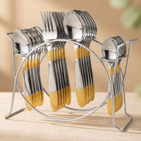 Cutlery Set | Stainless Steel | Ivory Gold | Wooden Stand