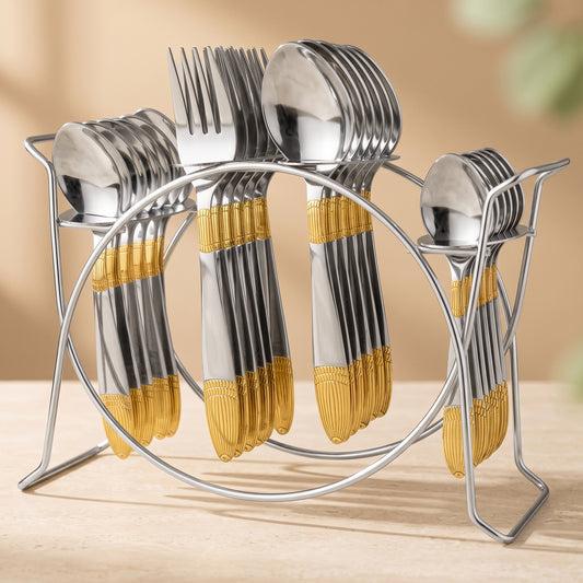 Cutlery Set | Stainless Steel | Ivory Gold | Wooden Stand
