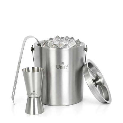 3 Pieces Stainless Steel Double Wall Ice Bucket Set (1 Litre) with Lid, Ice Tongs & 30/60 ml Peg Measurer | Insulated Ice Bucket for Home Bar, Parties & Cocktails, Bar Accessories