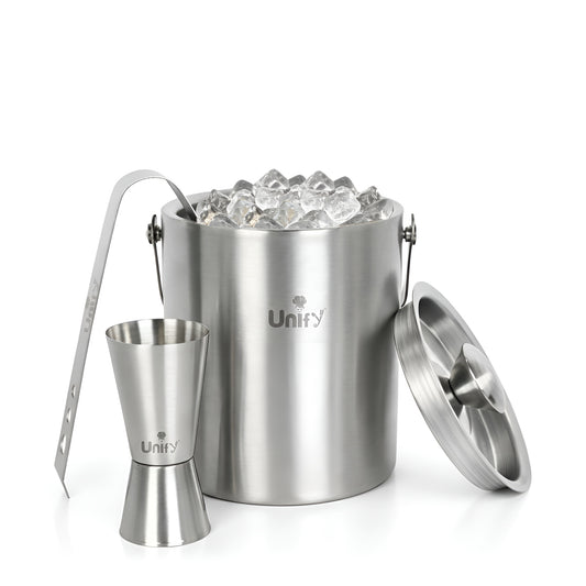 3 Pieces Stainless Steel Double Wall Ice Bucket Set (1 Litre) with Lid, Ice Tongs & 30/60 ml Peg Measurer | Insulated Ice Bucket for Home Bar, Parties & Cocktails, Bar Accessories