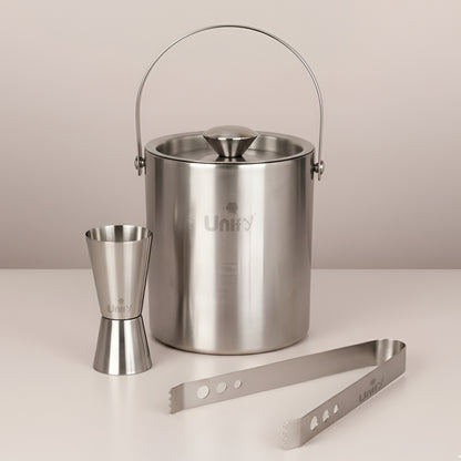 3 Pieces Stainless Steel Double Wall Ice Bucket Set (1 Litre) with Lid, Ice Tongs & 30/60 ml Peg Measurer | Insulated Ice Bucket for Home Bar, Parties & Cocktails, Bar Accessories