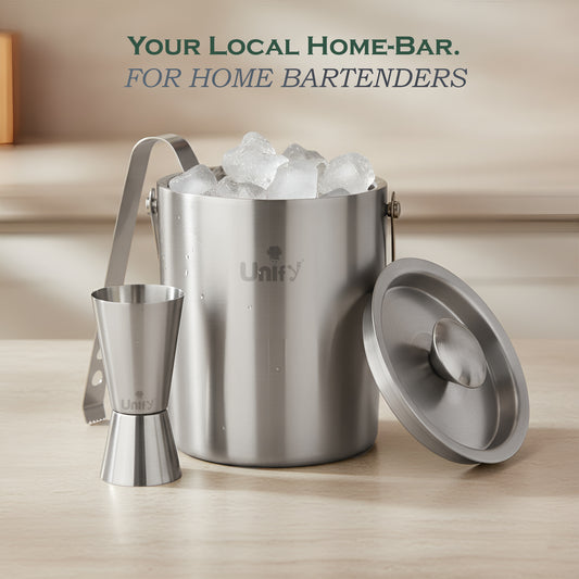 3 Pieces Stainless Steel Double Wall Ice Bucket Set (1 Litre) with Lid, Ice Tongs & 30/60 ml Peg Measurer | Insulated Ice Bucket for Home Bar, Parties & Cocktails, Bar Accessories