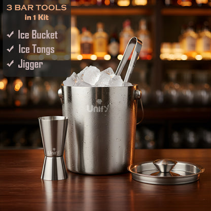 3 Pieces Stainless Steel Double Wall Ice Bucket Set (1 Litre) with Lid, Ice Tongs & 30/60 ml Peg Measurer | Insulated Ice Bucket for Home Bar, Parties & Cocktails, Bar Accessories