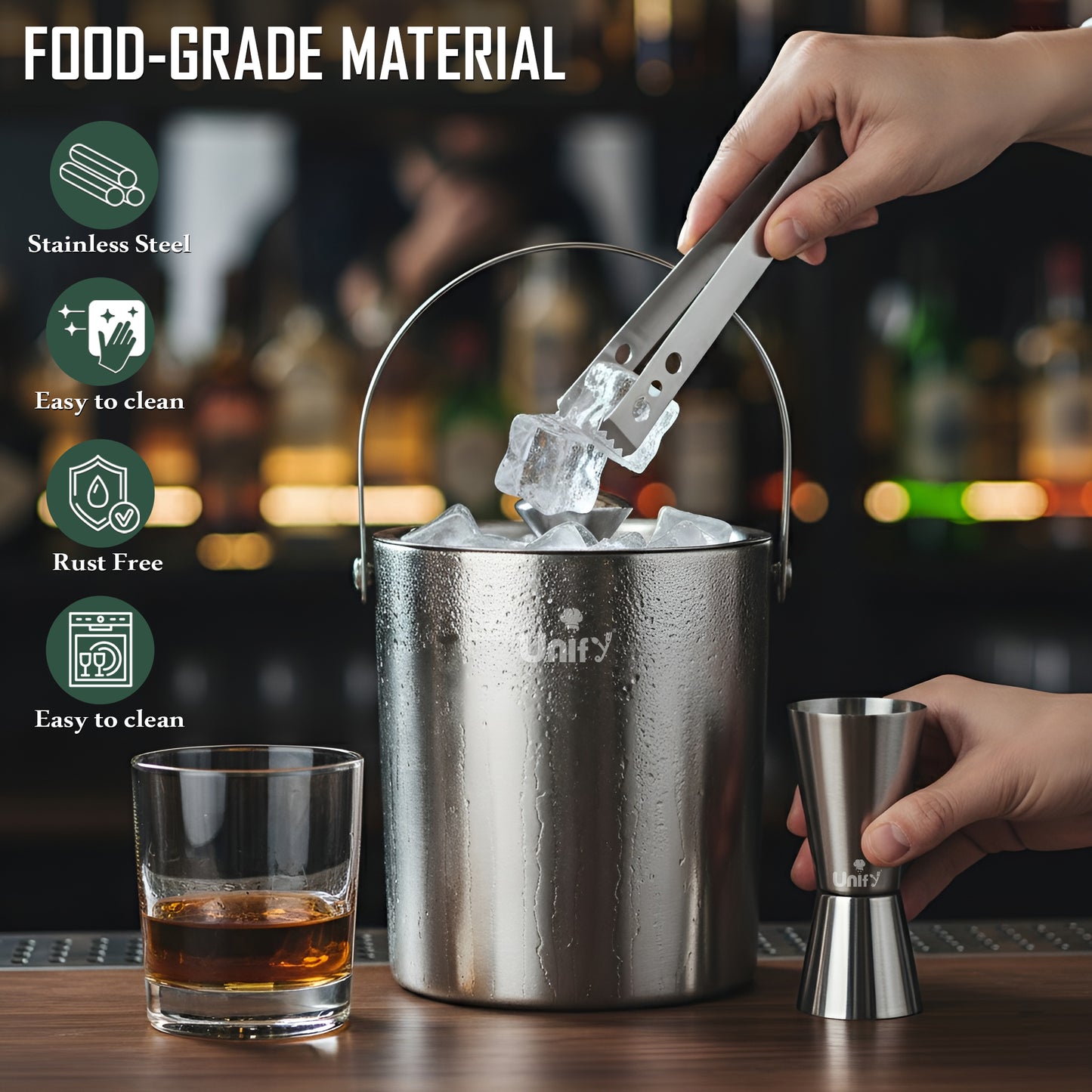 3 Pieces Stainless Steel Double Wall Ice Bucket Set (1 Litre) with Lid, Ice Tongs & 30/60 ml Peg Measurer | Insulated Ice Bucket for Home Bar, Parties & Cocktails, Bar Accessories