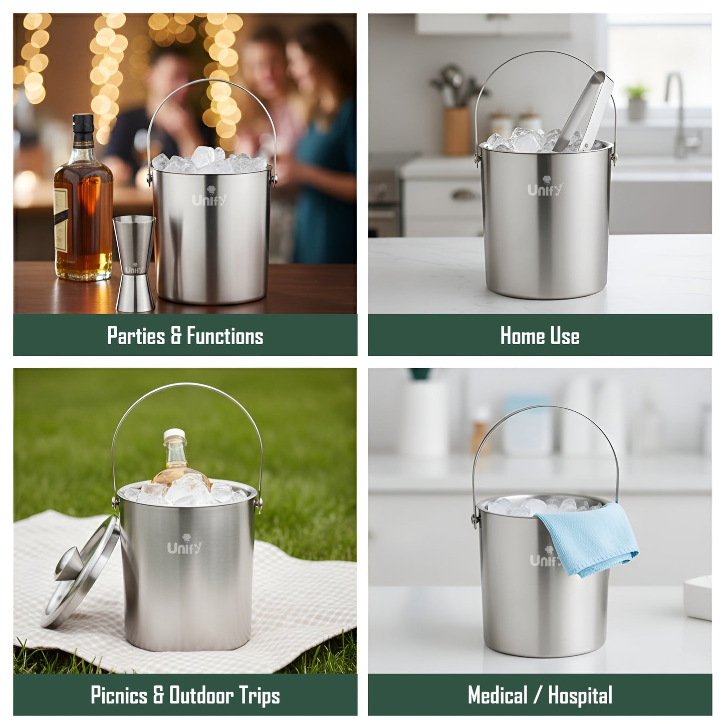 3 Pieces Stainless Steel Double Wall Ice Bucket Set (1 Litre) with Lid, Ice Tongs & 30/60 ml Peg Measurer | Insulated Ice Bucket for Home Bar, Parties & Cocktails, Bar Accessories