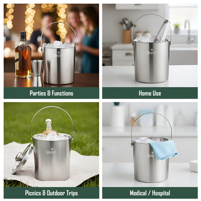 3 Pieces Stainless Steel Double Wall Ice Bucket Set (1 Litre) with Lid, Ice Tongs & 30/60 ml Peg Measurer | Insulated Ice Bucket for Home Bar, Parties & Cocktails, Bar Accessories