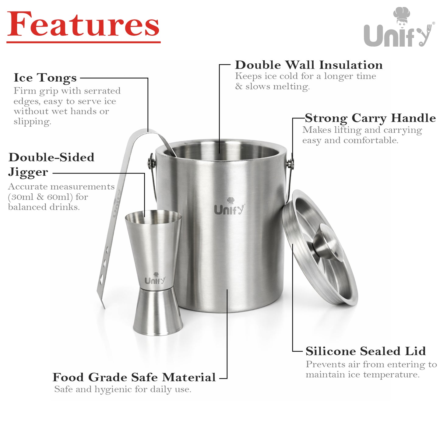 3 Pieces Stainless Steel Double Wall Ice Bucket Set (1 Litre) with Lid, Ice Tongs & 30/60 ml Peg Measurer | Insulated Ice Bucket for Home Bar, Parties & Cocktails, Bar Accessories