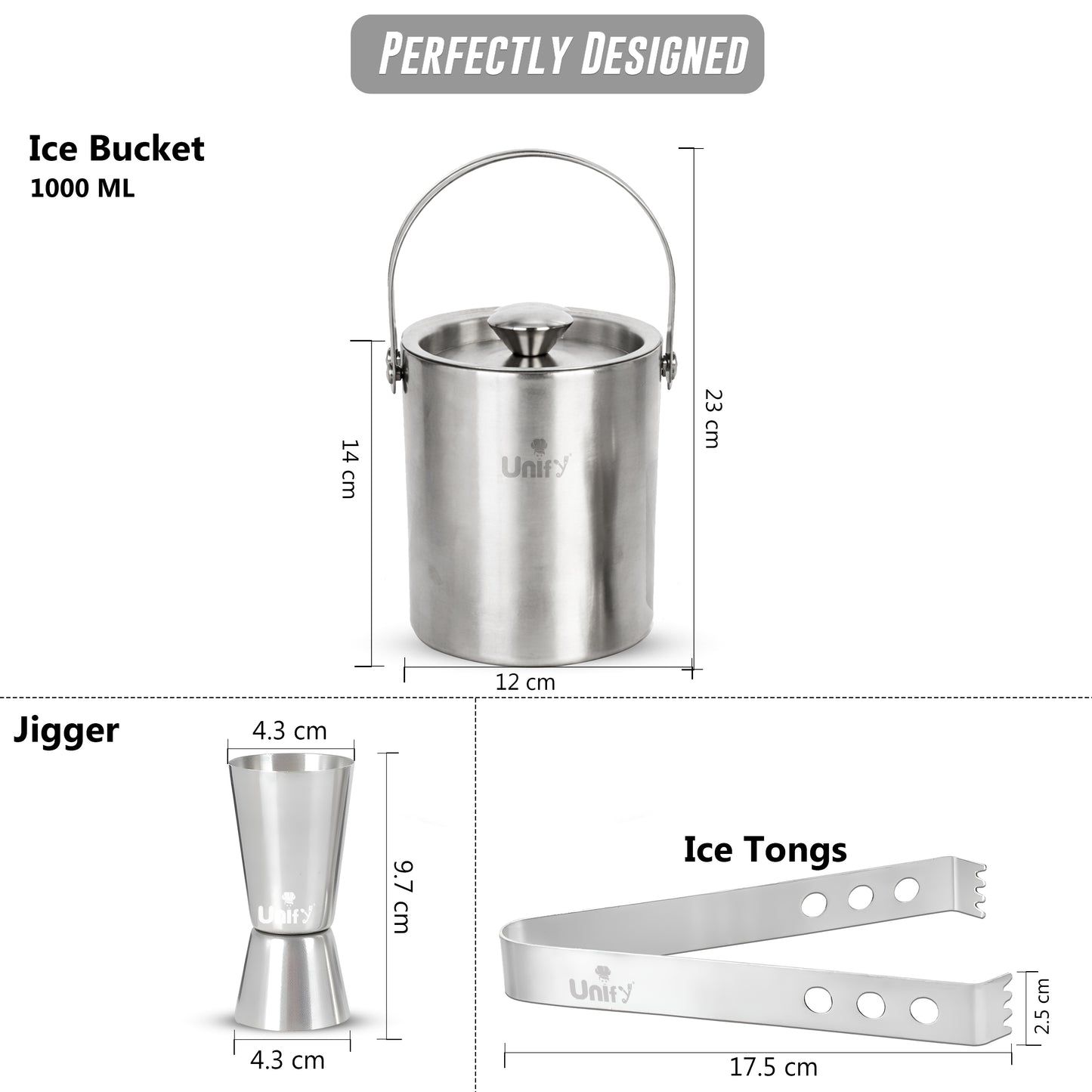 3 Pieces Stainless Steel Double Wall Ice Bucket Set (1 Litre) with Lid, Ice Tongs & 30/60 ml Peg Measurer | Insulated Ice Bucket for Home Bar, Parties & Cocktails, Bar Accessories