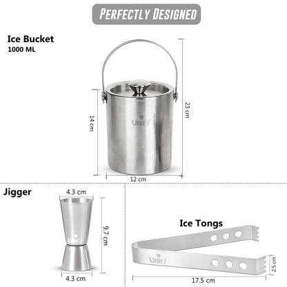 3 Pieces Stainless Steel Double Wall Ice Bucket Set (1 Litre) with Lid, Ice Tongs & 30/60 ml Peg Measurer | Insulated Ice Bucket for Home Bar, Parties & Cocktails, Bar Accessories