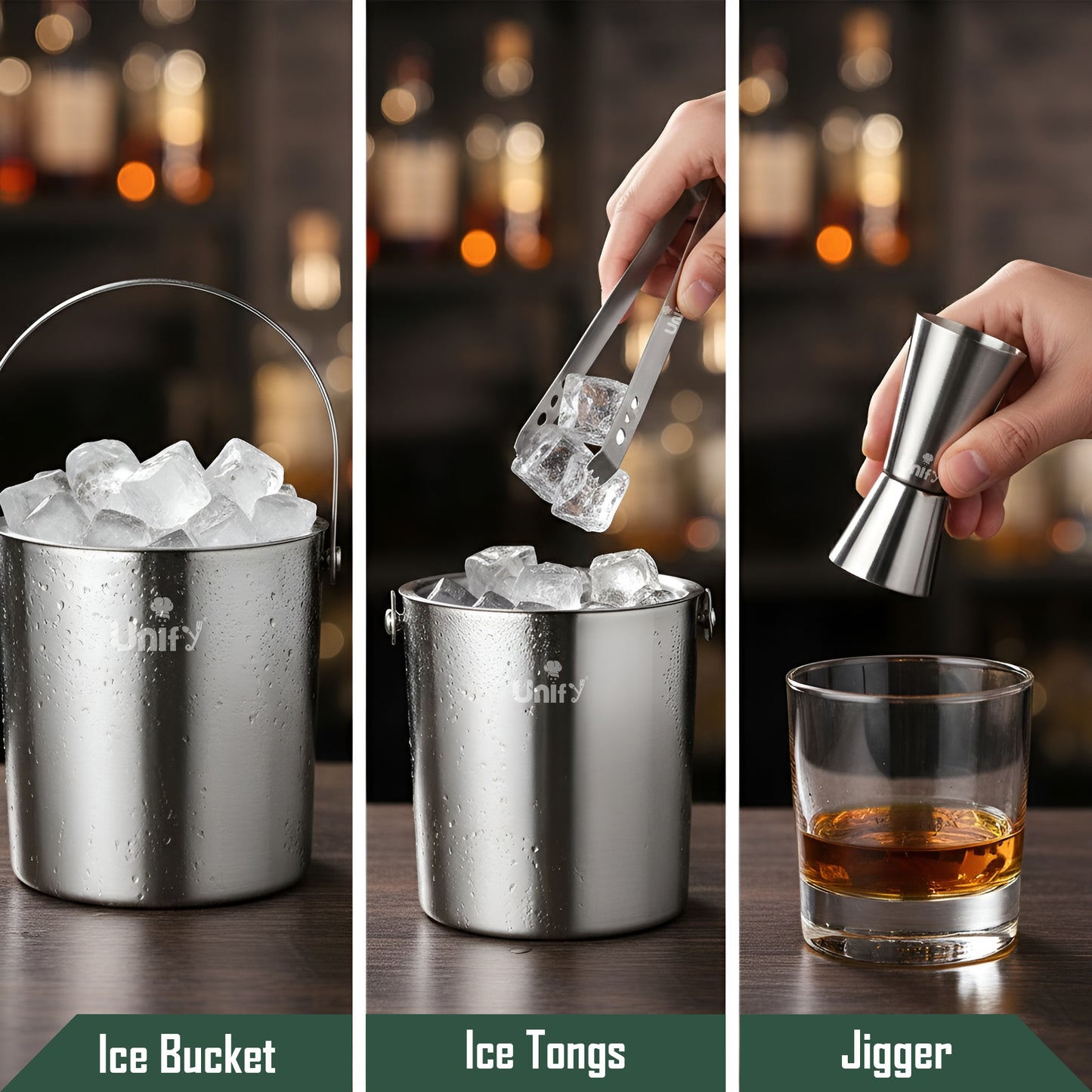 3 Pieces Stainless Steel Double Wall Ice Bucket Set (1 Litre) with Lid, Ice Tongs & 30/60 ml Peg Measurer | Insulated Ice Bucket for Home Bar, Parties & Cocktails, Bar Accessories