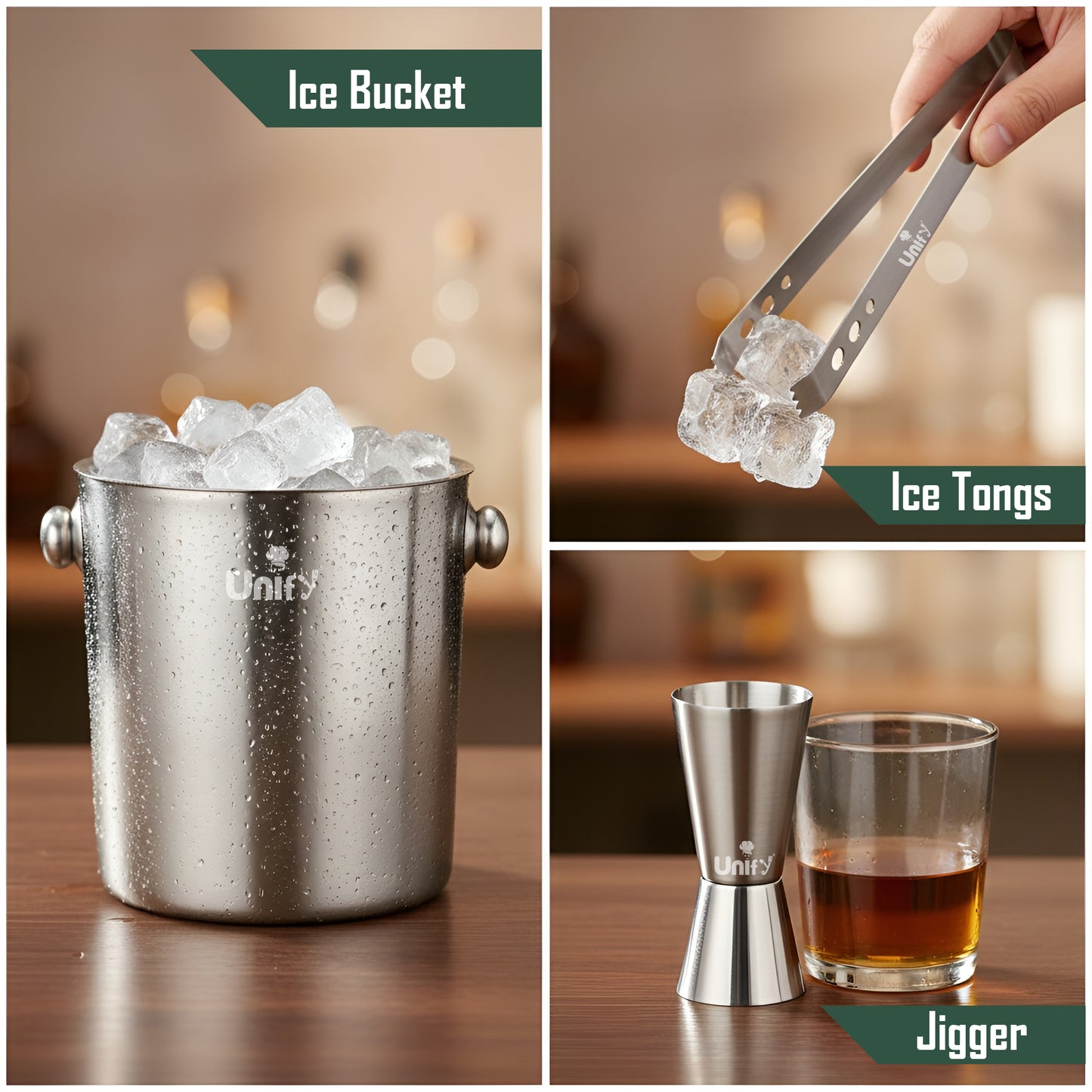 3 Pieces Stainless Steel Double Wall Ice Bucket Set (1 Litre) with Lid, Ice Tongs & 30/60 ml Peg Measurer | Insulated Ice Bucket for Home Bar, Parties & Cocktails, Bar Accessories