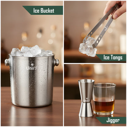 3 Pieces Stainless Steel Double Wall Ice Bucket Set (1 Litre) with Lid, Ice Tongs & 30/60 ml Peg Measurer | Insulated Ice Bucket for Home Bar, Parties & Cocktails, Bar Accessories