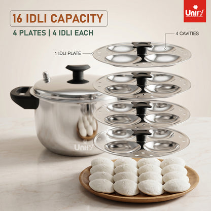 Stainless Steel Idli Maker 4 Plates | Induction & Gas Compatible Idli Cooker | Heavy Gauge Steamer with Lid | 16 Idli Capacity | Durable, Rust-Resistant & Easy to Clean 2 Years Warranty
