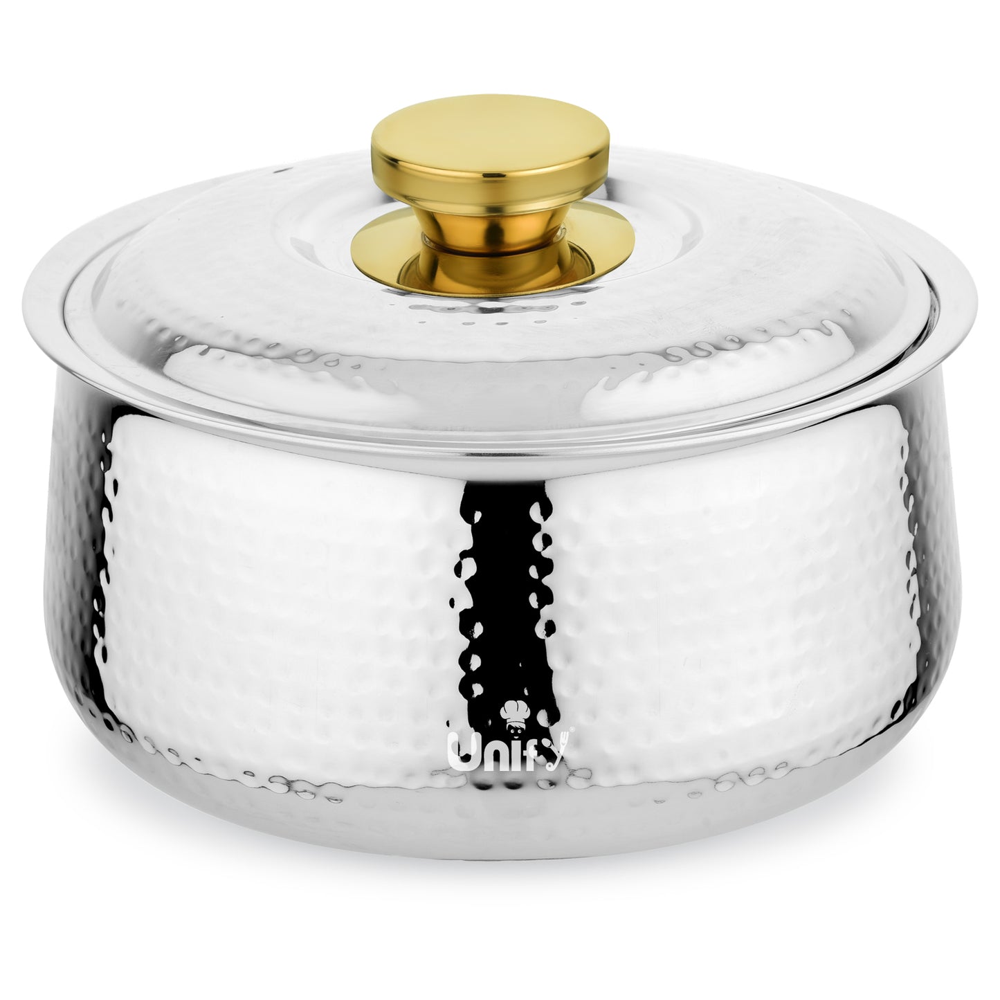 Inox Stainless Steel Insulated Casserole 2200ml | PVD Gold Handle Hot Pot | Hammered Finish, Silver