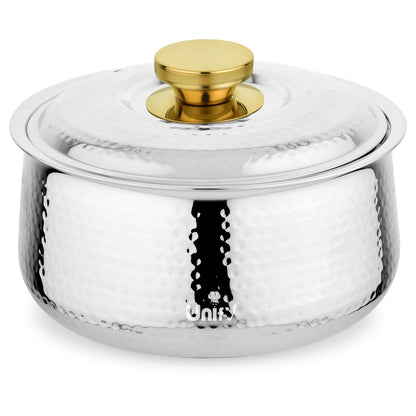 Inox Stainless Steel Insulated Casserole 1600ml | PVD Gold Handle Hot Pot | Hammered Finish, Silver