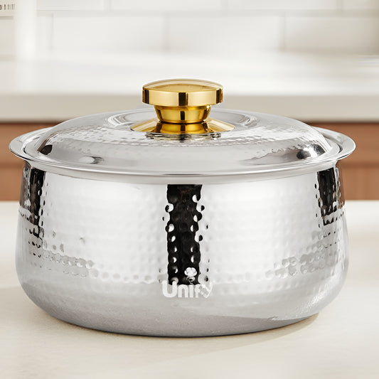 Inox Stainless Steel Insulated Casserole 3000ml | PVD Gold Handle Hot Pot | Hammered Finish, Silver