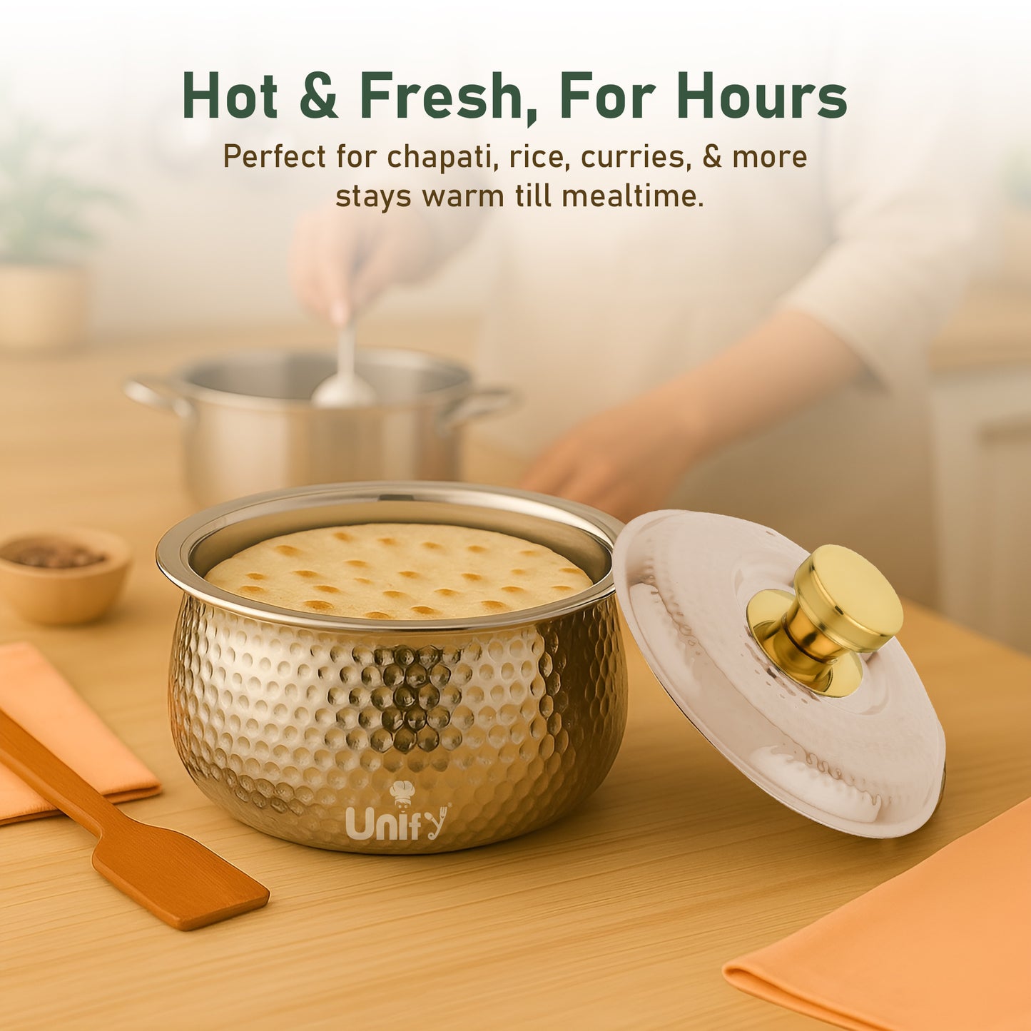Inox Stainless Steel Insulated Casserole 1600ml | PVD Gold Handle Hot Pot | Hammered Finish, Silver