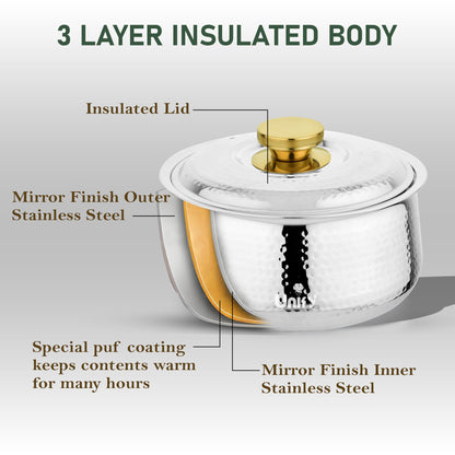 Inox Stainless Steel Insulated Casserole 2200ml | PVD Gold Handle Hot Pot | Hammered Finish, Silver