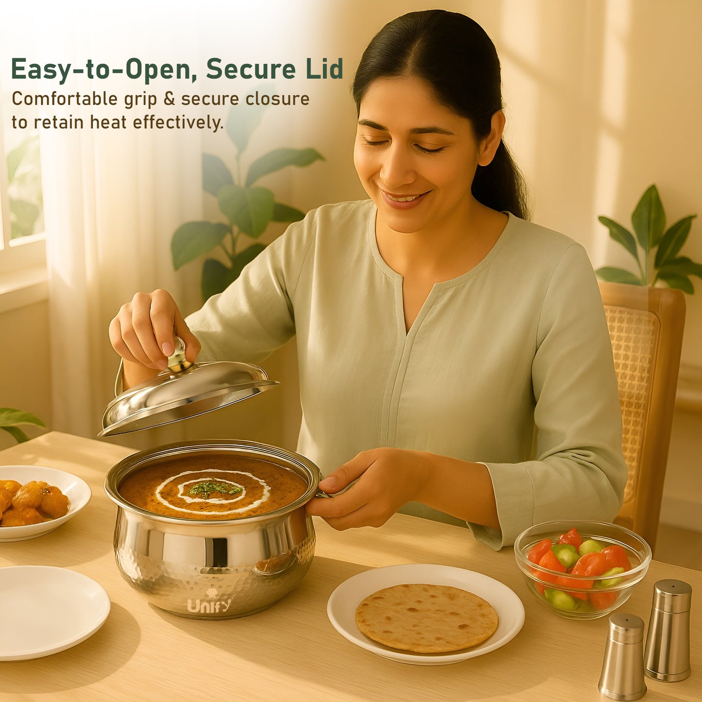 Inox Stainless Steel Insulated Casserole 1600ml | PVD Gold Handle Hot Pot | Hammered Finish, Silver