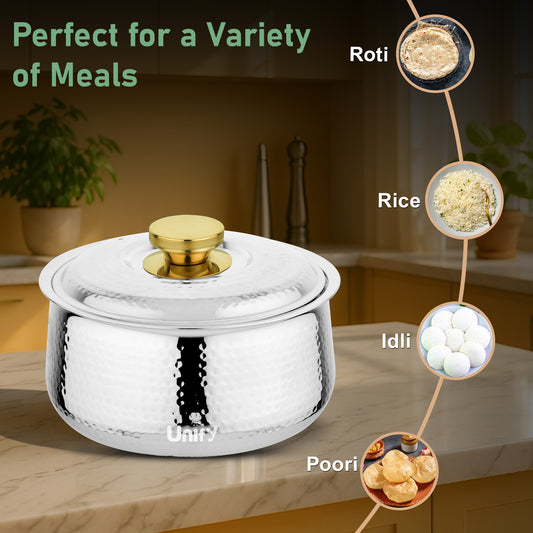 Inox Stainless Steel Insulated Casserole 2200ml | PVD Gold Handle Hot Pot | Hammered Finish, Silver