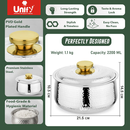 Inox Stainless Steel Insulated Casserole 2200ml | PVD Gold Handle Hot Pot | Hammered Finish, Silver