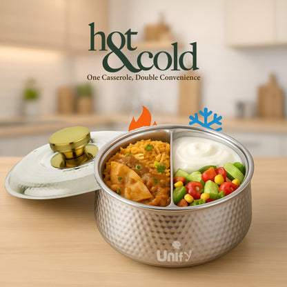 Inox Stainless Steel Insulated Casserole 2200ml | PVD Gold Handle Hot Pot | Hammered Finish, Silver