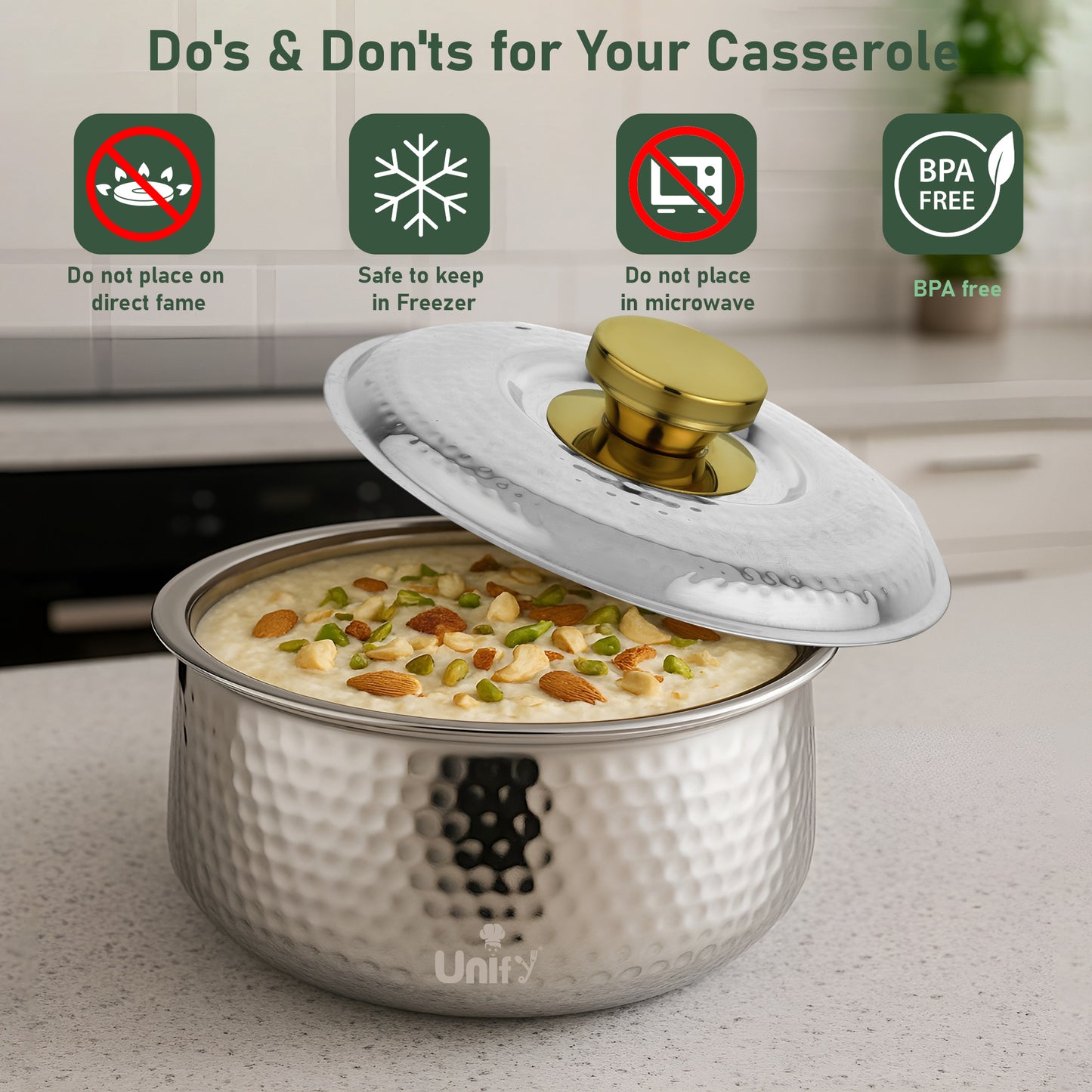 Inox Stainless Steel Insulated Casserole 2200ml | PVD Gold Handle Hot Pot | Hammered Finish, Silver