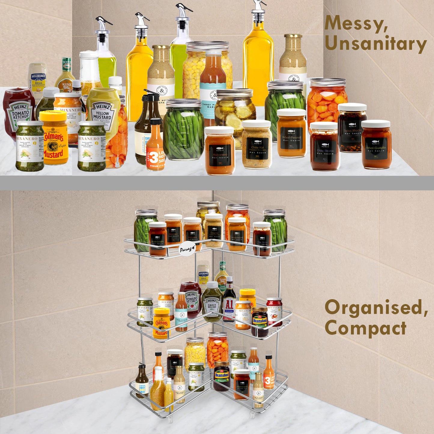 3 Tier Stainless Steel Corner Kitchen Rack | L Shape Storage Shelf Organizer