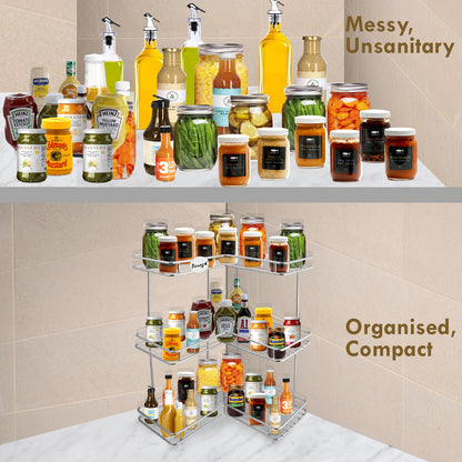 3 Tier Stainless Steel Corner Kitchen Rack | L Shape Storage Shelf Organizer