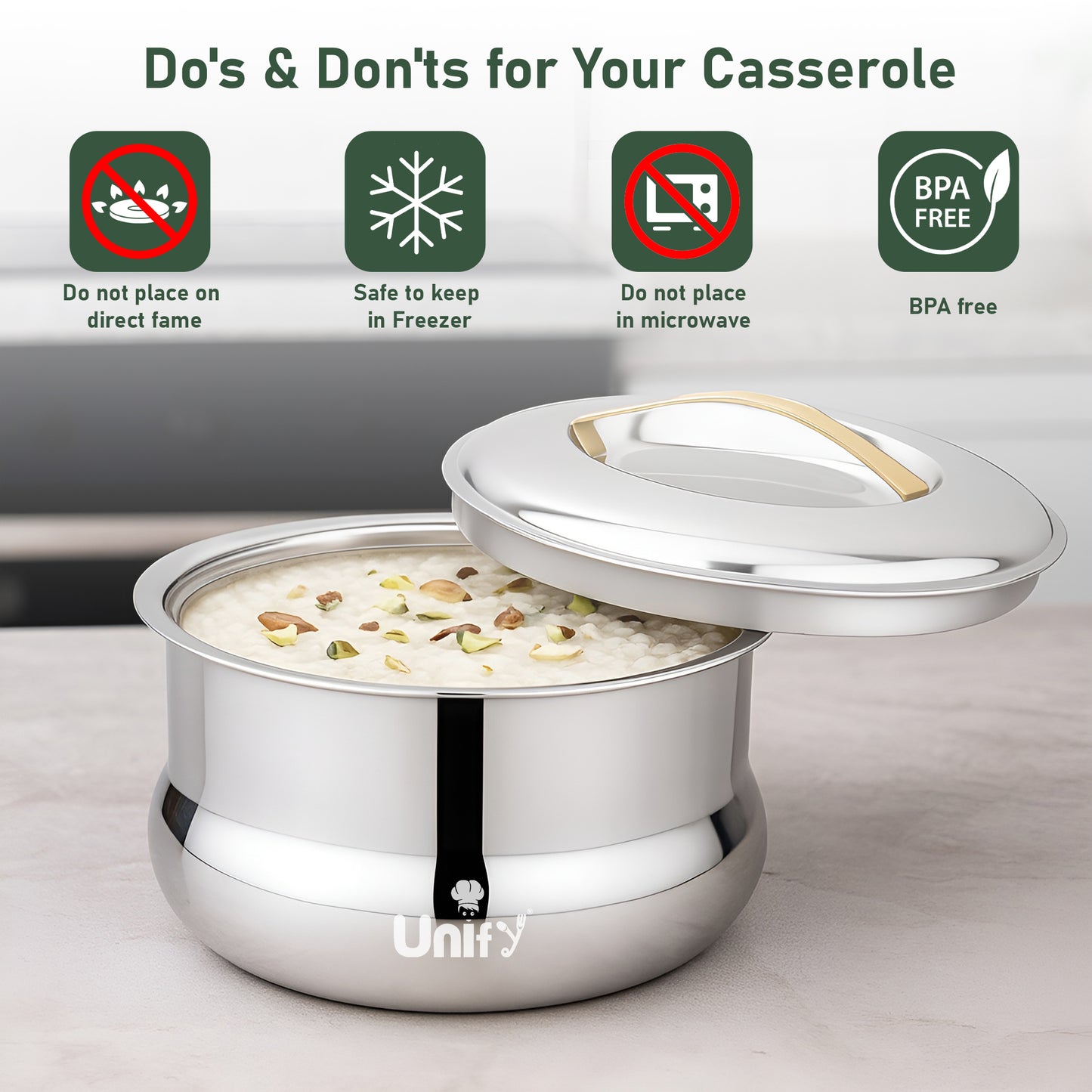 Lumia Stainless Steel Insulated Casserole 2200ml | 3-Layer Thermal Hot Pot, Mirror Finish
