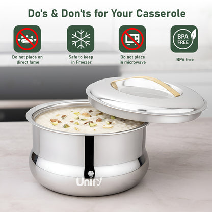 Lumia Stainless Steel Insulated Casserole 2200ml | 3-Layer Thermal Hot Pot, Mirror Finish