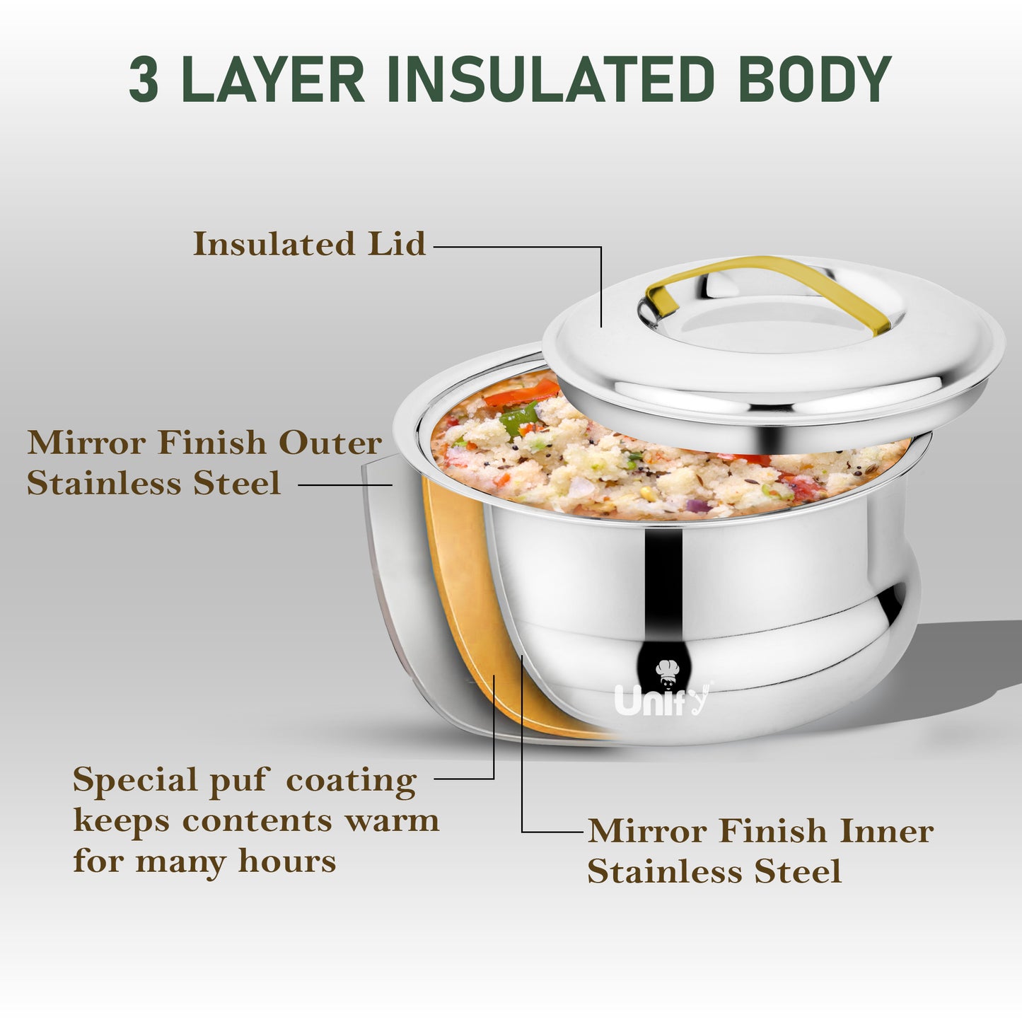 Lumia Stainless Steel Insulated Casserole 2200ml | 3-Layer Thermal Hot Pot, Mirror Finish
