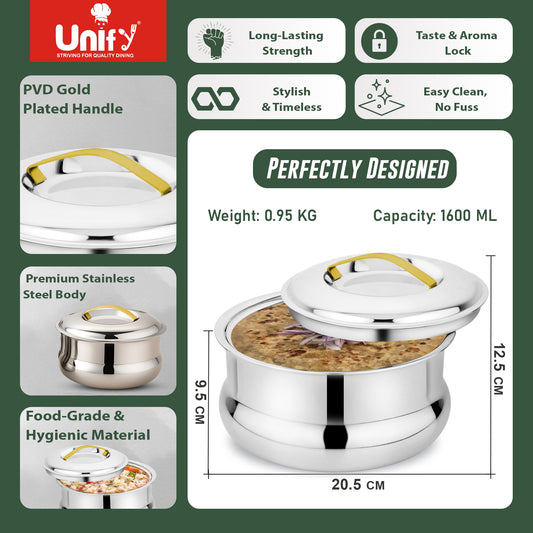 Lumia Stainless Steel Insulated Casserole 1600ml | 3-Layer Thermal Hot Pot, Mirror Finish