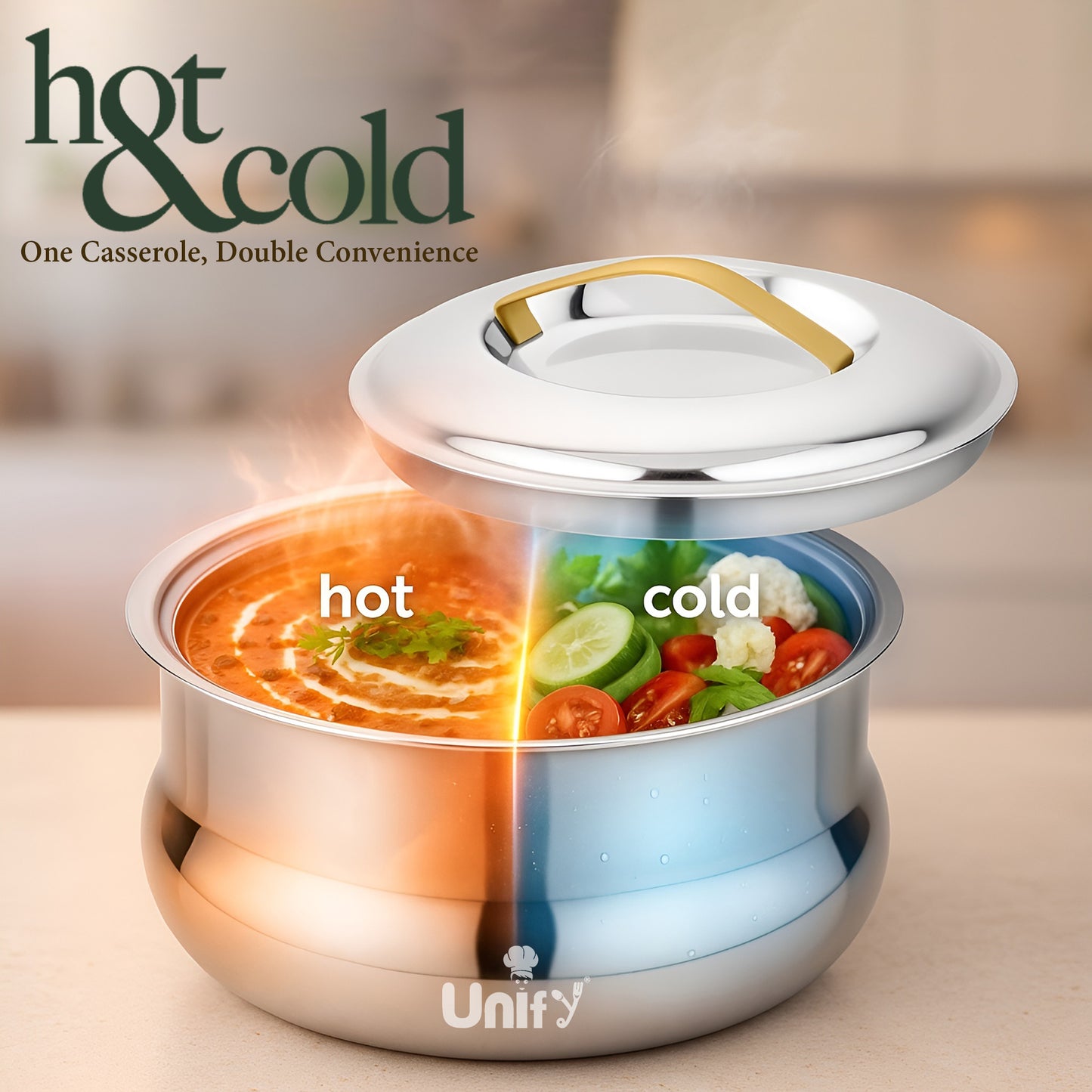 Lumia Stainless Steel Insulated Casserole 1600ml | 3-Layer Thermal Hot Pot, Mirror Finish