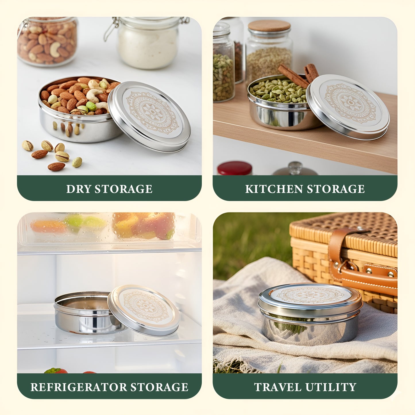 2 Pieces Stainless Steel Puri Dabba Set | Flat Canisters (900ML, 1200ML) | Airtight Dry Fruit, Masala, Snacks & Sweet Storage Containers | Premium Kitchen Storage & Gift Set