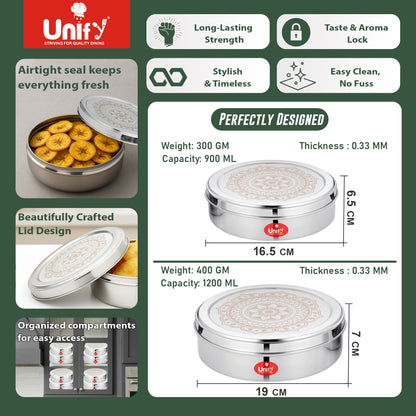 2 Pieces Stainless Steel Puri Dabba Set | Flat Canisters (900ML, 1200ML) | Airtight Dry Fruit, Masala, Snacks & Sweet Storage Containers | Premium Kitchen Storage & Gift Set