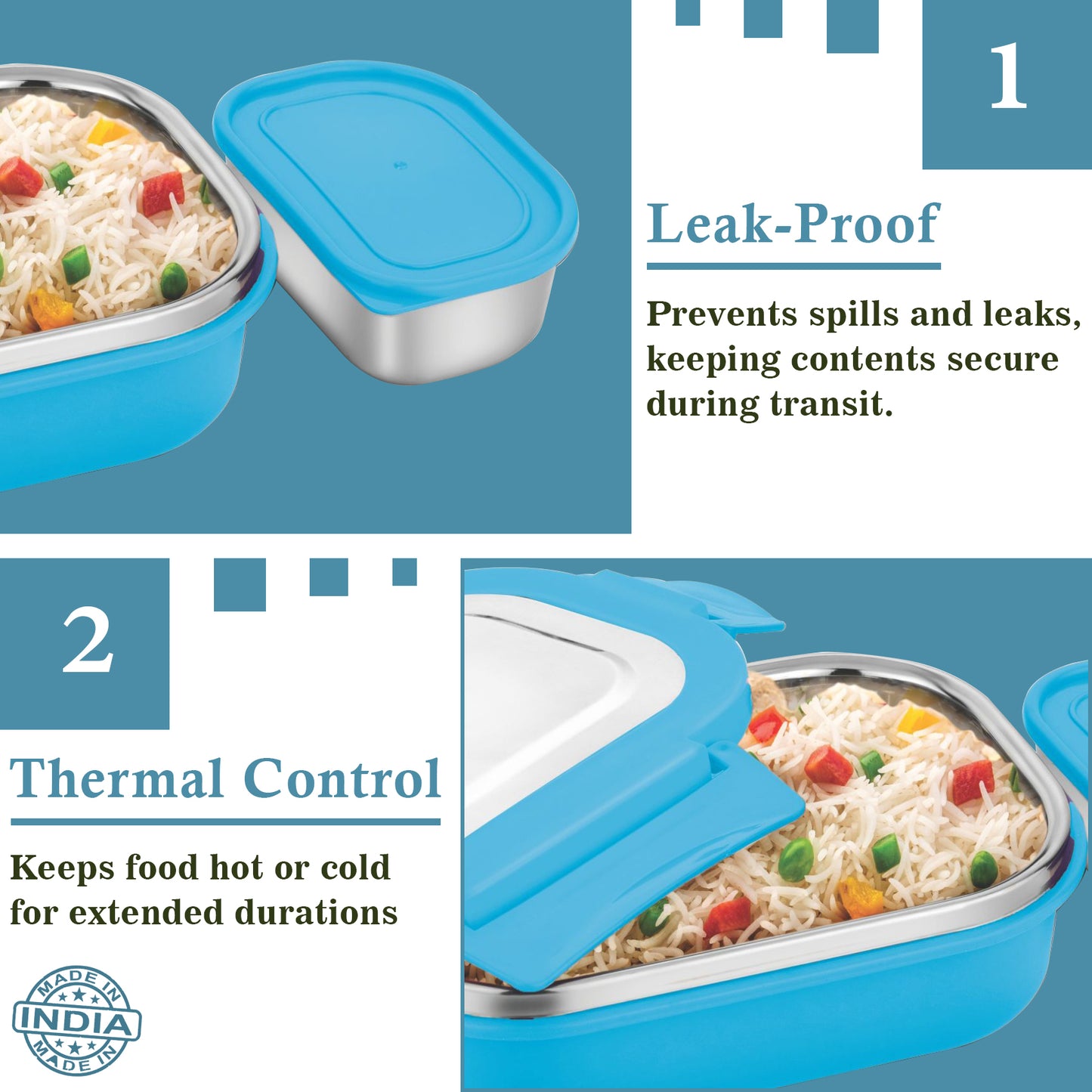 Stainless Steel Insulated Airtight Leak Proof Lunch Box, Unbreakable Lid, Ideal for Snacks, Tiffin for Kids, Lightweight - Perfect for Office, School, Picnic & Travelling (800 ml, Blue)
