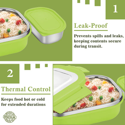 Stainless Steel Insulated Lunch Box 800ml | Leak-Proof, Airtight, Unbreakable Lid (Green)
