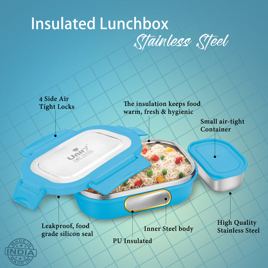 Stainless Steel Insulated Airtight Leak Proof Lunch Box, Unbreakable Lid, Ideal for Snacks, Tiffin for Kids, Lightweight - Perfect for Office, School, Picnic & Travelling (800 ml, Blue)