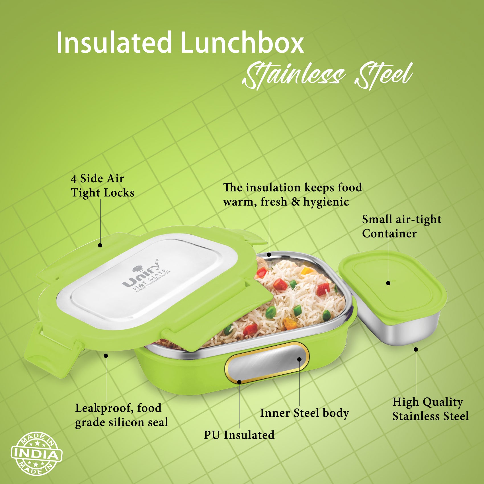 Stainless Steel Insulated Lunch Box 800ml | Leak-Proof, Airtight, Unbreakable Lid (Green)