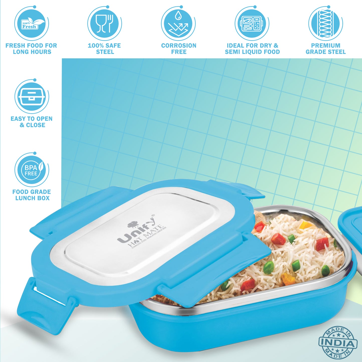 Stainless Steel Insulated Airtight Leak Proof Lunch Box, Unbreakable Lid, Ideal for Snacks, Tiffin for Kids, Lightweight - Perfect for Office, School, Picnic & Travelling (800 ml, Blue)