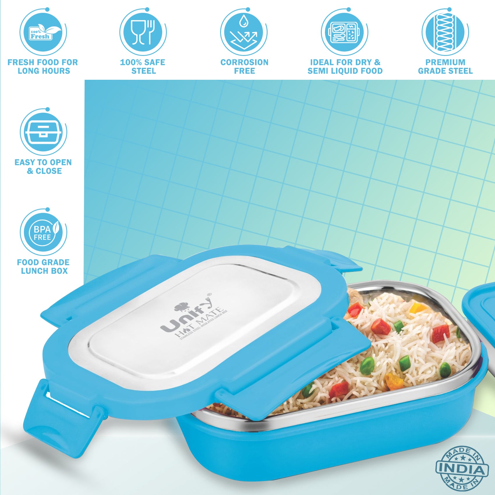 Stainless Steel Insulated Airtight Leak Proof Lunch Box, Unbreakable Lid, Ideal for Snacks, Tiffin for Kids, Lightweight - Perfect for Office, School, Picnic & Travelling (800 ml, Blue)