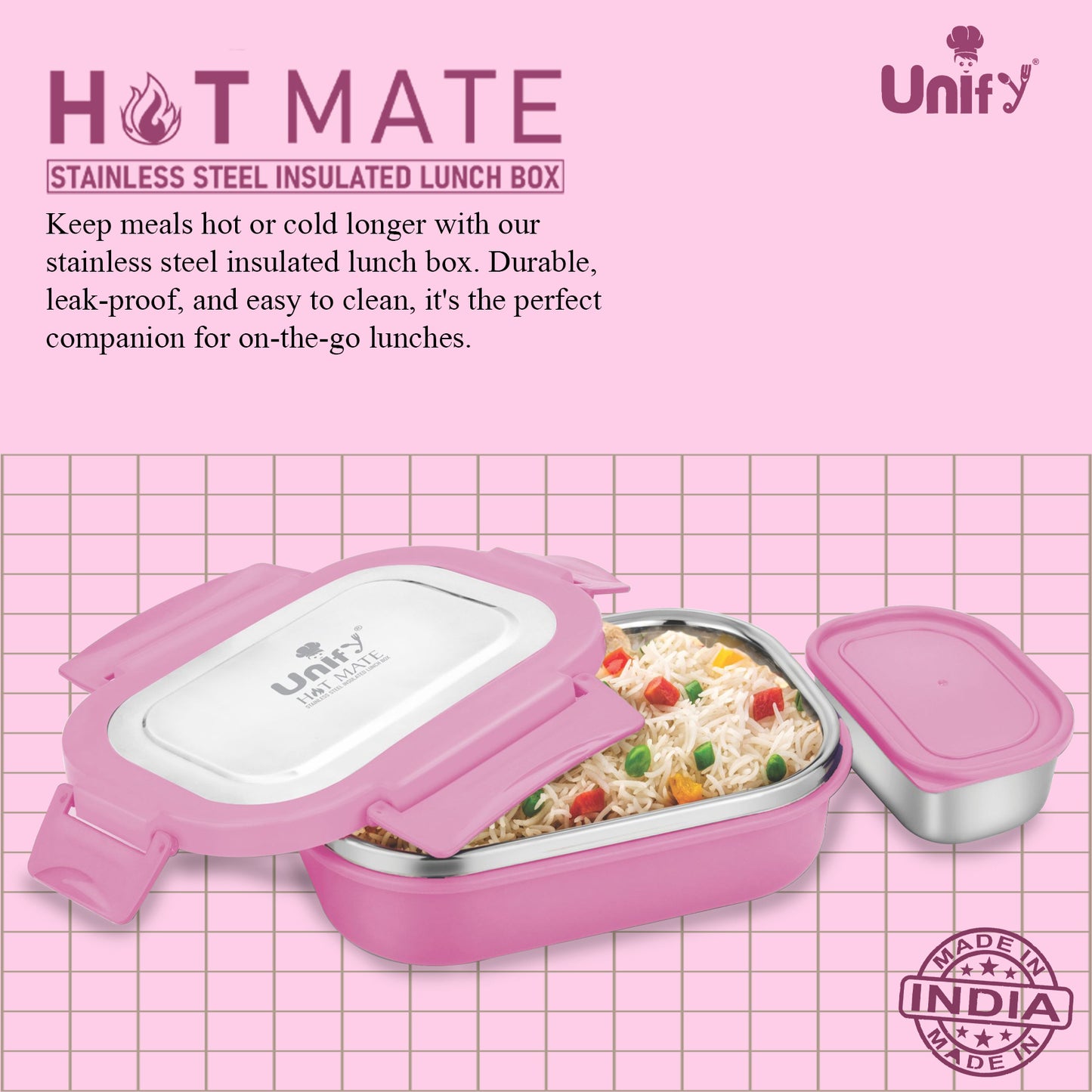 Stainless Steel Insulated Lunch Box 800ml | Leak-Proof, Airtight, Unbreakable Lid (Pink)