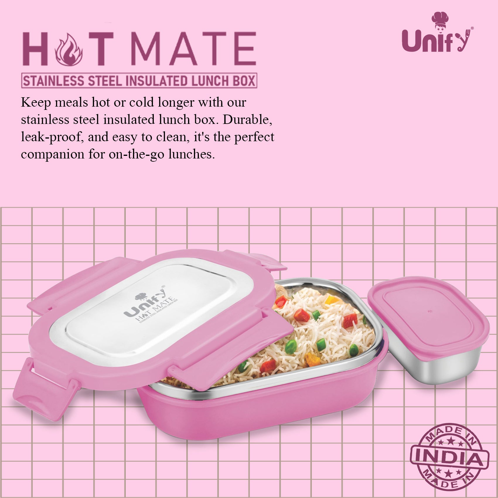 Stainless Steel Insulated Lunch Box 800ml | Leak-Proof, Airtight, Unbreakable Lid (Pink)