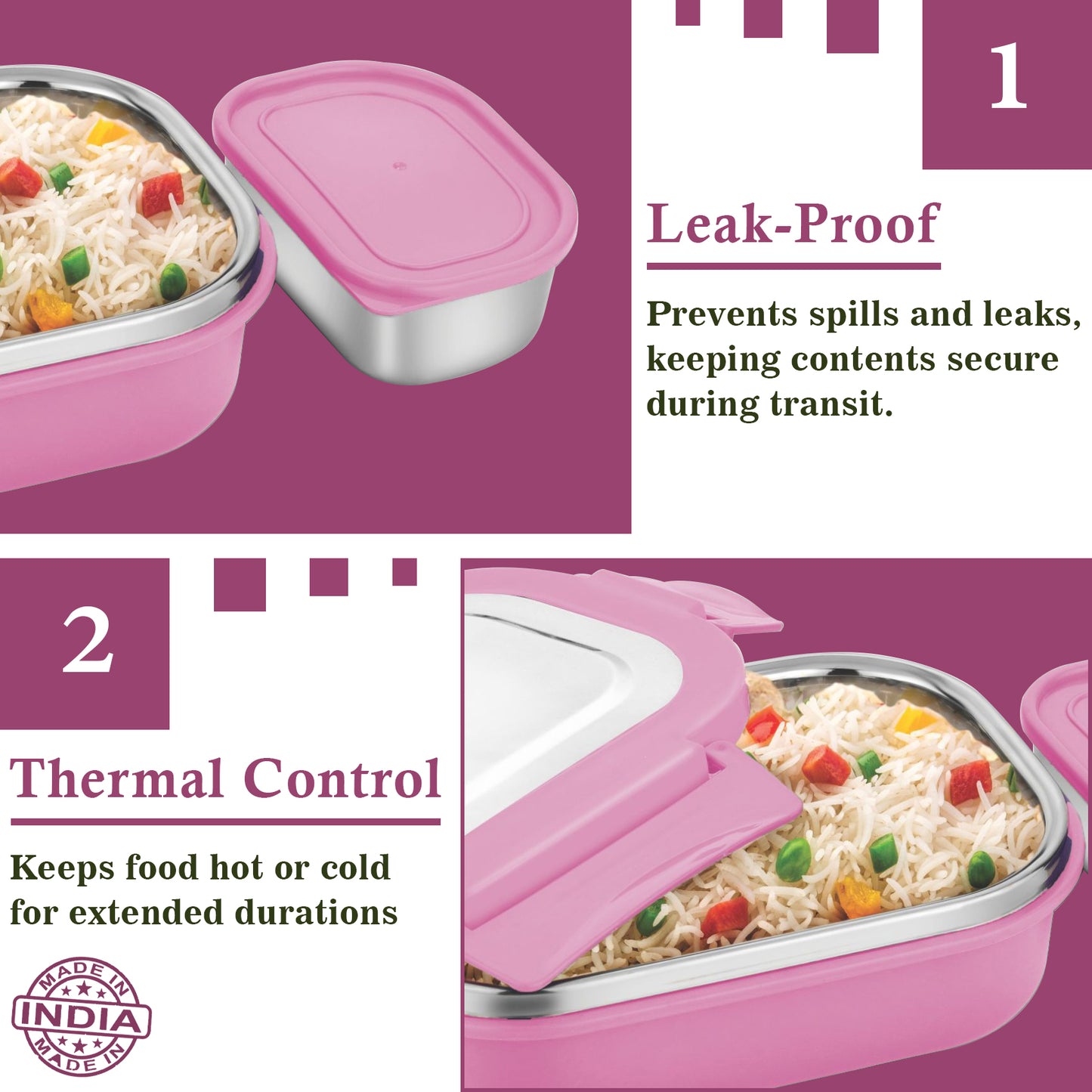 Stainless Steel Insulated Lunch Box 800ml | Leak-Proof, Airtight, Unbreakable Lid (Pink)