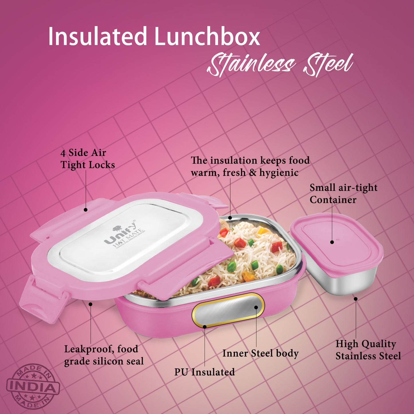Stainless Steel Insulated Lunch Box 800ml | Leak-Proof, Airtight, Unbreakable Lid (Pink)