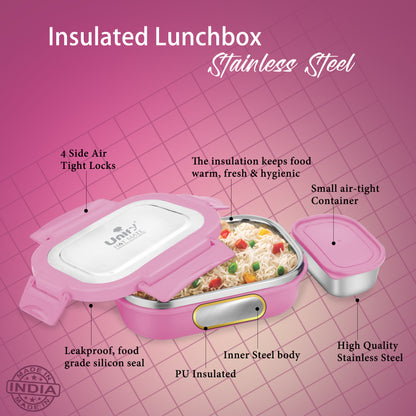 Stainless Steel Insulated Lunch Box 800ml | Leak-Proof, Airtight, Unbreakable Lid (Pink)