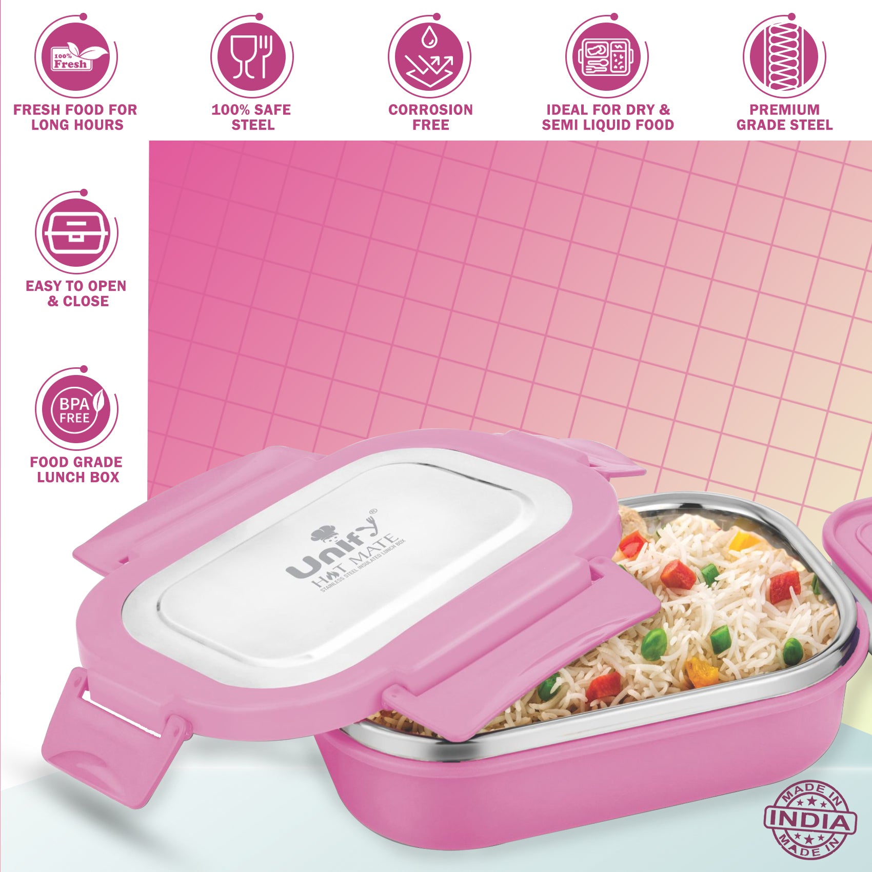 Stainless Steel Insulated Lunch Box 800ml | Leak-Proof, Airtight, Unbreakable Lid (Pink)